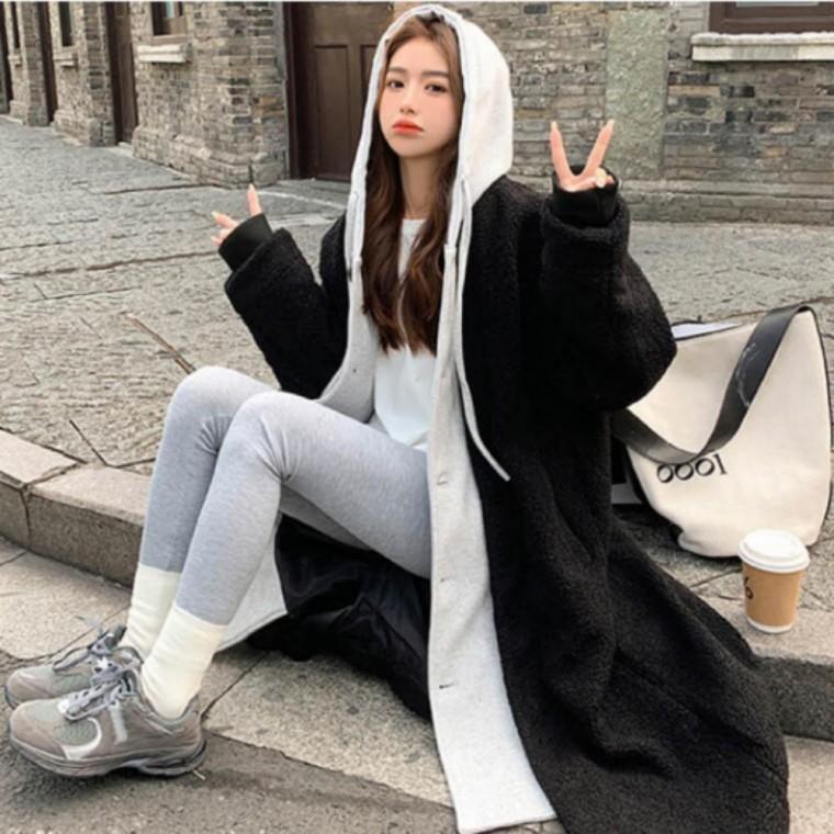 겨울 아우터 뽀글이 일체형 후드 양털 코트 롱코트