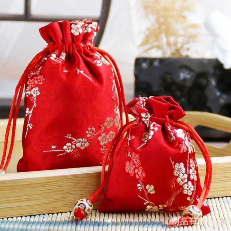 매화 무늬 복주머니 붉은색 10X 14cm 방향 향낭 소품 한복주머니 파우치 미니 추석