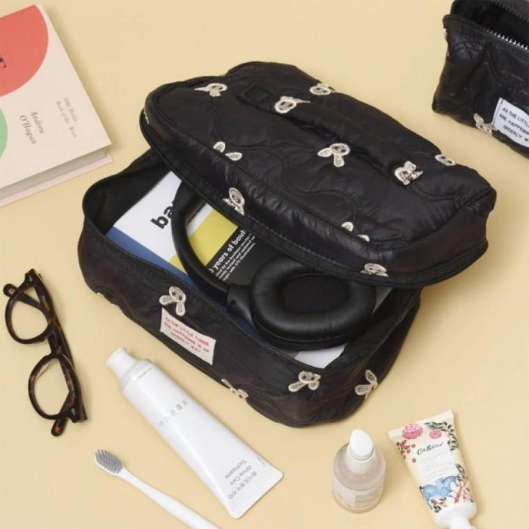 여행용 속옷 파우치 대용량 블랙 토끼 디자인 누빔 생리대 메이크업 화장품 수납