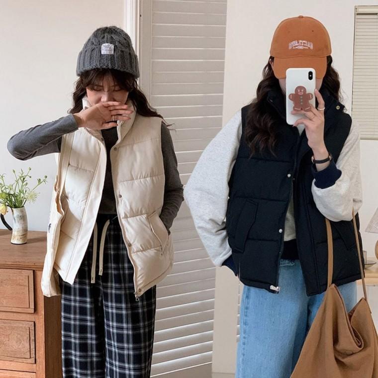 여성 하이넥 스타일 겨울철 따뜻한 집업 패딩 조끼