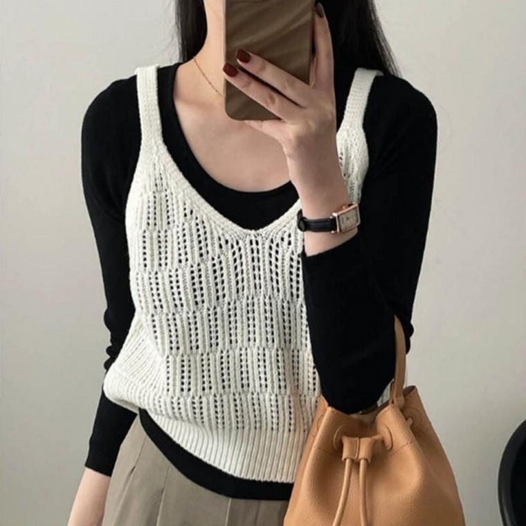 뷔스티에 조끼 뜨개니트 여자 펀칭 레이어드 6color