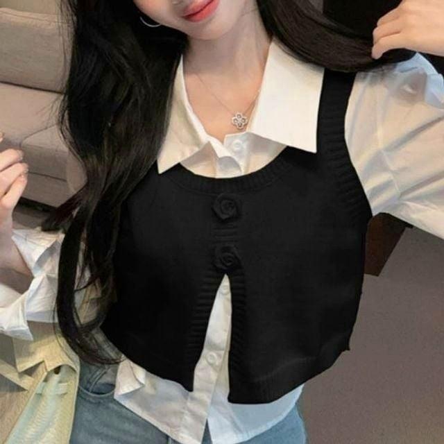 여자 조끼 셔츠 블라우스 세트 뷔스티에 세미크롭