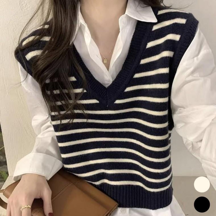 여자 베이직 스트라이프 패턴 기본브이넥 단가라 조끼