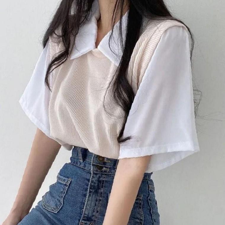 여성 3컬러 시즌 세련된 레이어드 반팔 조끼형 셔츠