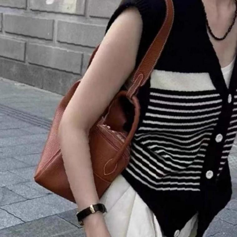 여성 2컬러 포근 브이넥 줄무늬 베스트 조끼가디건