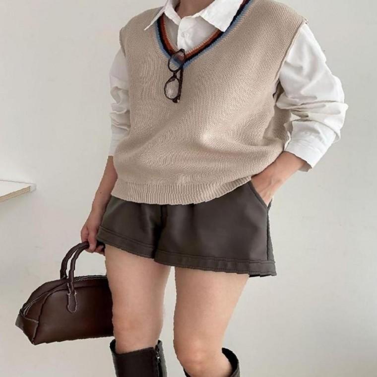 여자 3컬러 깔끔 캐주얼 클래식 배색 니트조끼