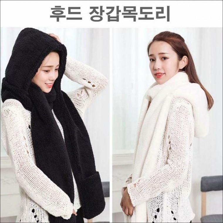 머플러 여자 방한템 일체형 장갑 목도리 후드워머