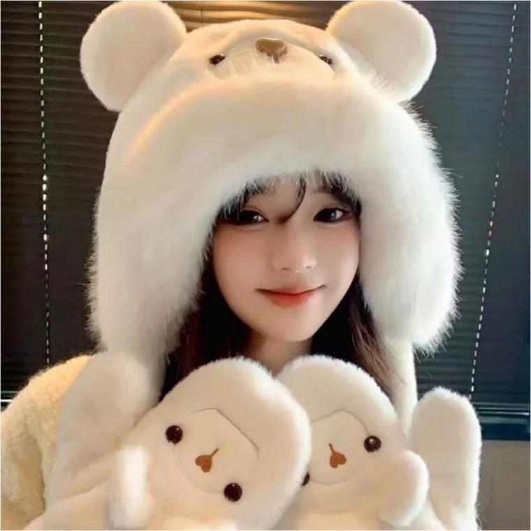 방한 여자 귀달이 장갑세트 곰돌이 털모자 겨울 3컬러