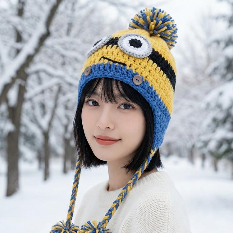 옐로우 미니몬스터 귀달이 방한모 털모자 겨울모자 귀달이모자 스키장모자 겨울버킷햇 놀이공원 보드모자