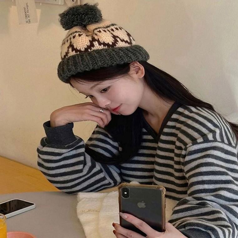 방한 모자 겨울 노르딕 빈티지 방울 니트 비니 패턴
