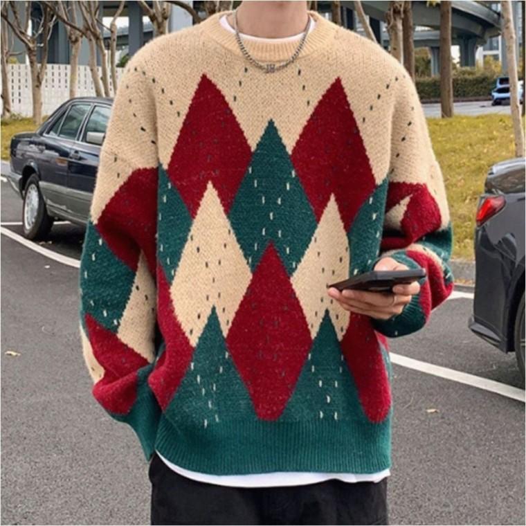 2color 아가일패턴 크리스마스 니트 스웨터 남자 겨울
