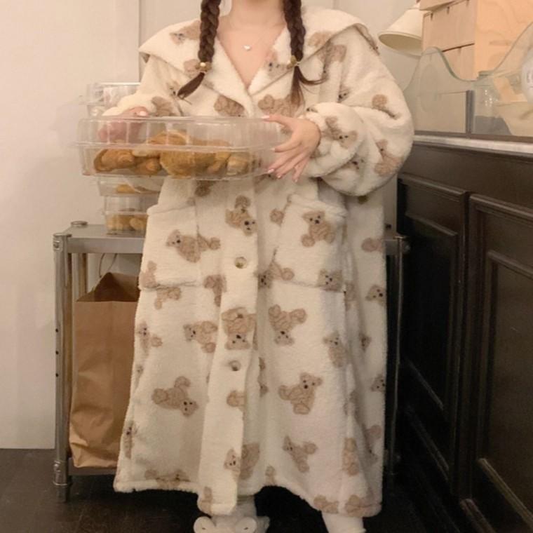 가운 홈웨어 로브 여자 극세사 테디베어 수면 겨울