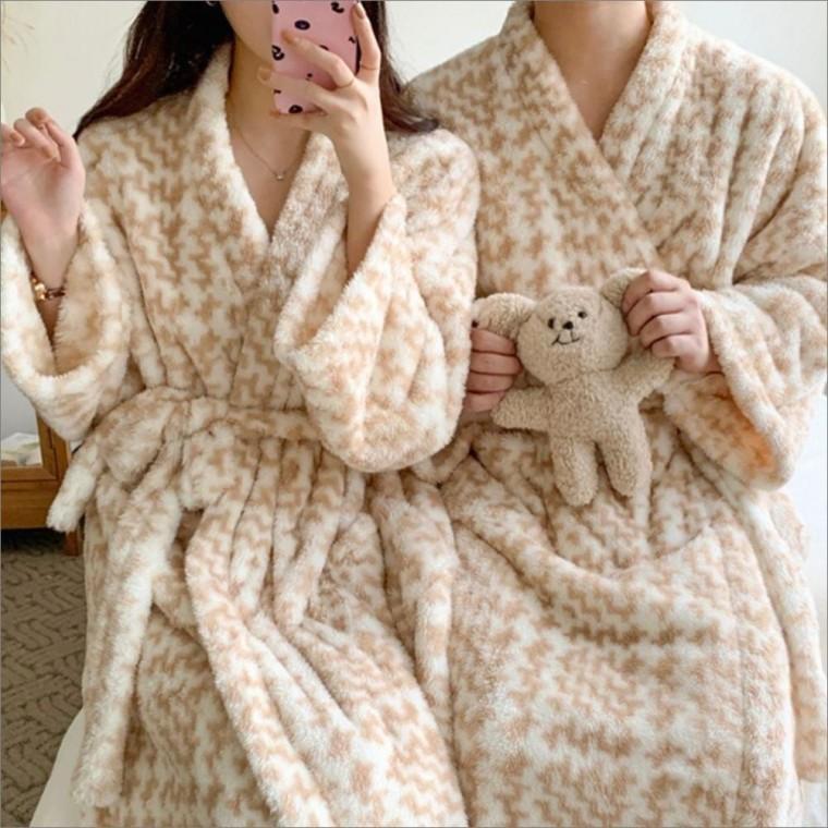 보온 여자 겨울 수면가운 남자 부들 로브 극세사 샤워가운