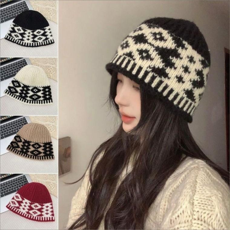 겨울모자 방한 눈꽃패턴 벙거지모자 버킷햇 니트비니
