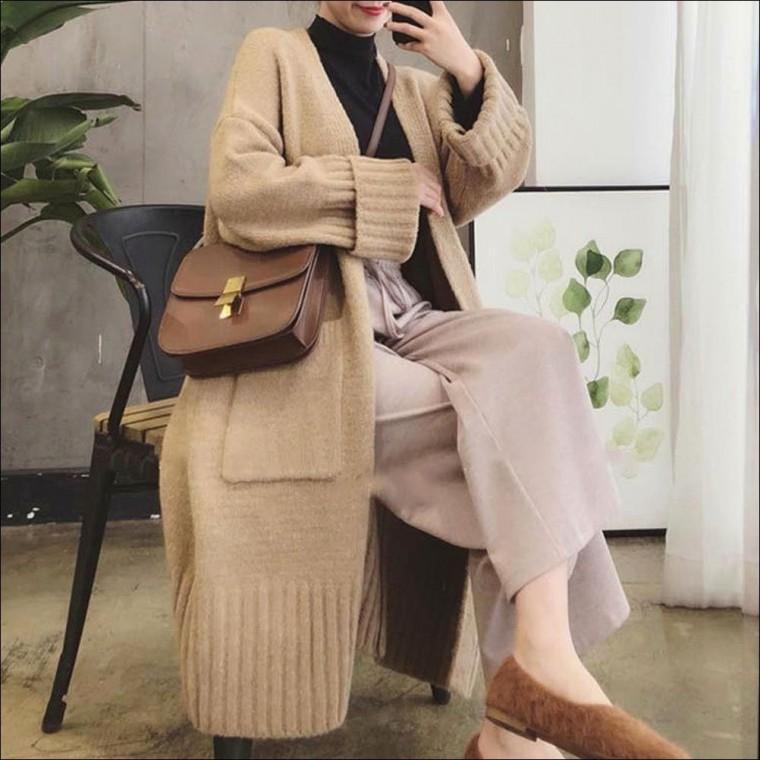노버튼 겨울 여자 롱가디건 오픈형 아우터 니트