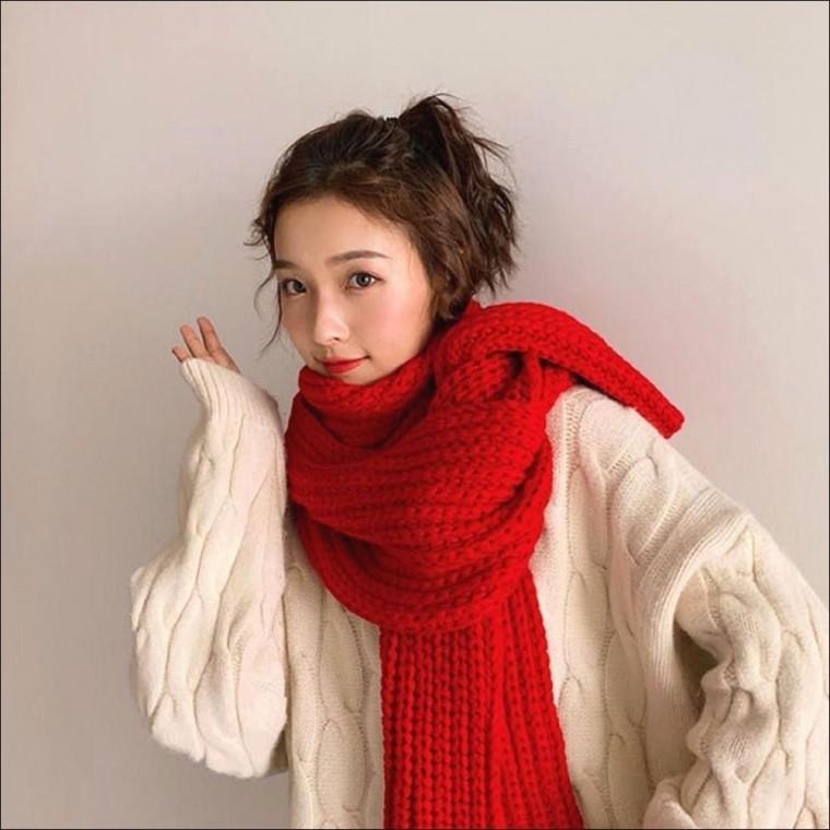 여자 풍성한 겨울 목도리 단색 니트 짜임 머플러