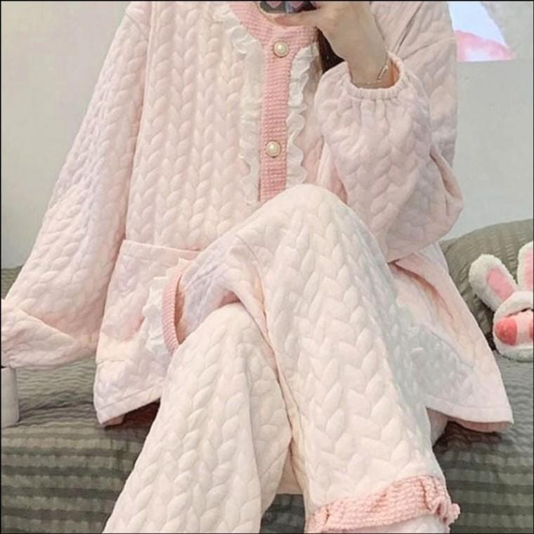 잠옷세트 수면잠옷 파자마 포근한 겨울 누빔 여자 3color
