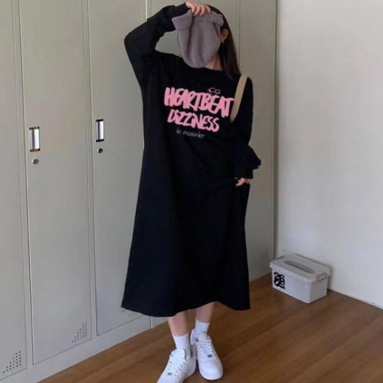 루즈핏 편한 롱원피스 기모 여자 겨울 프린팅 데일리