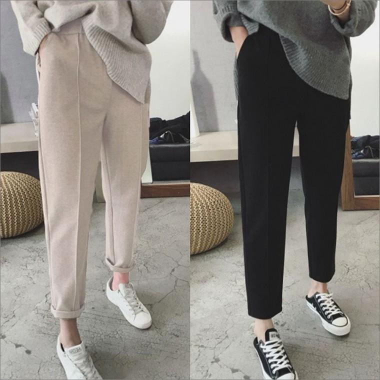 따뜻한 허리밴딩 핀턱 모직팬츠 겨울 여자바지 슬랙스