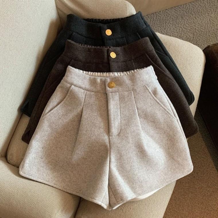 짧은 모직 반바지 겨울 여자 A라인 핀턱 하이웨이스트