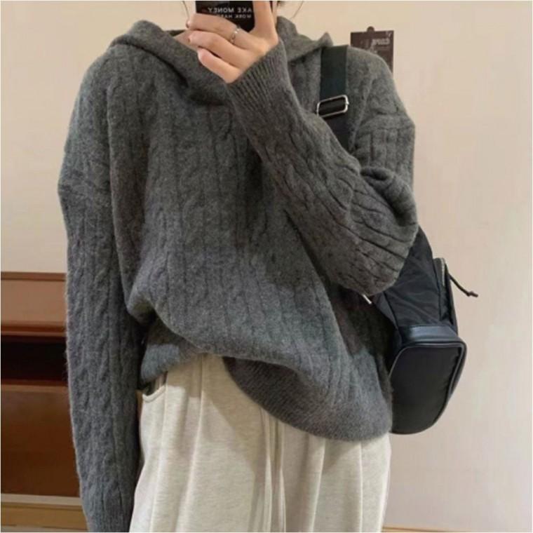 겨울 후드니트 루즈핏 여자 꽈배기 3color 데일리 스웨터