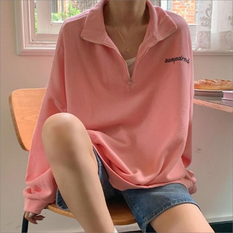 루즈핏 데일리 기모티셔츠 맨투맨 반집업 겨울 여자 2color