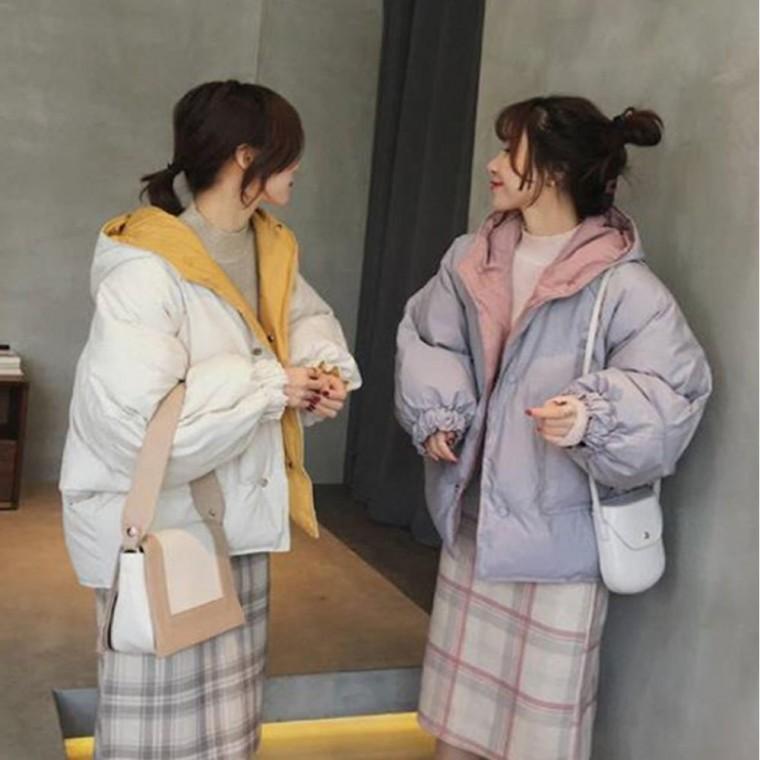 짧은 여자 숏패딩 겨울 양면 점퍼 후드 패딩 벌룬핏