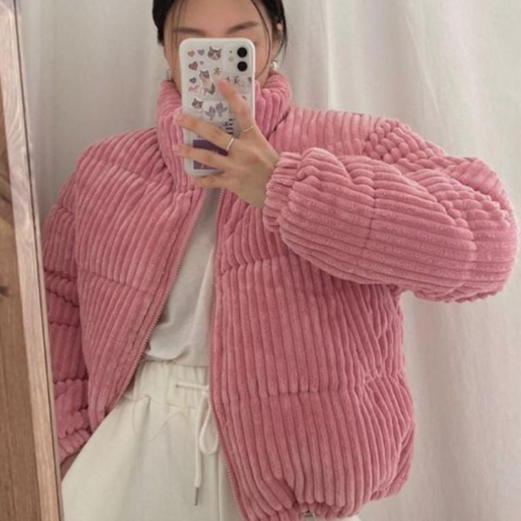 여자 하이넥 골덴 아우터 숏패딩 겨울 코듀로이 패딩
