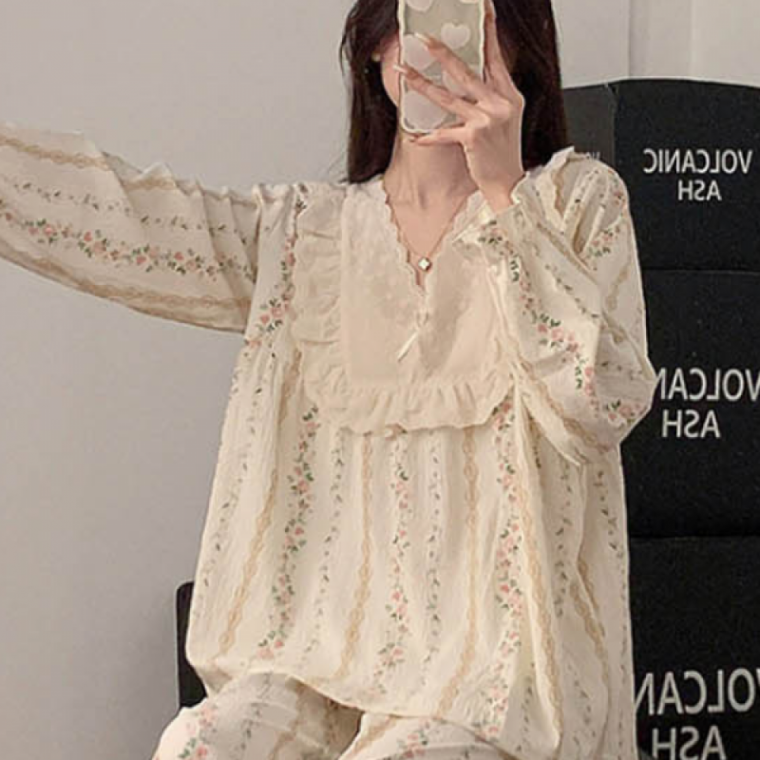 꽃무니잠옷 수면 긴팔 가을 겨울 여성 홈웨어