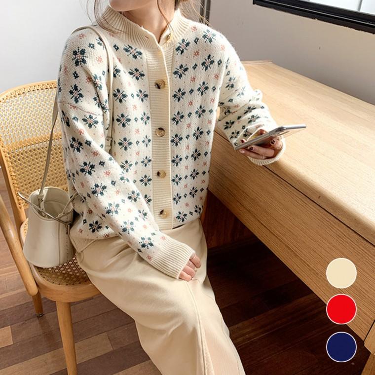 여성 겨울 눈꽃 패턴 라운드넥 데일리 니트 가디건
