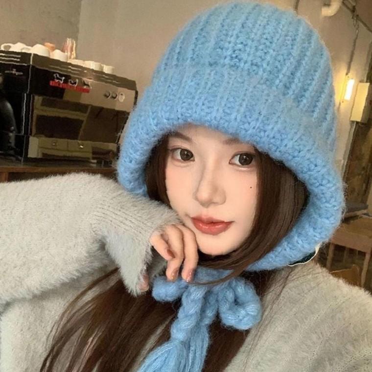 4컬러 겨울 스마트 러블리 후디 끈 니트비니 바라클라바