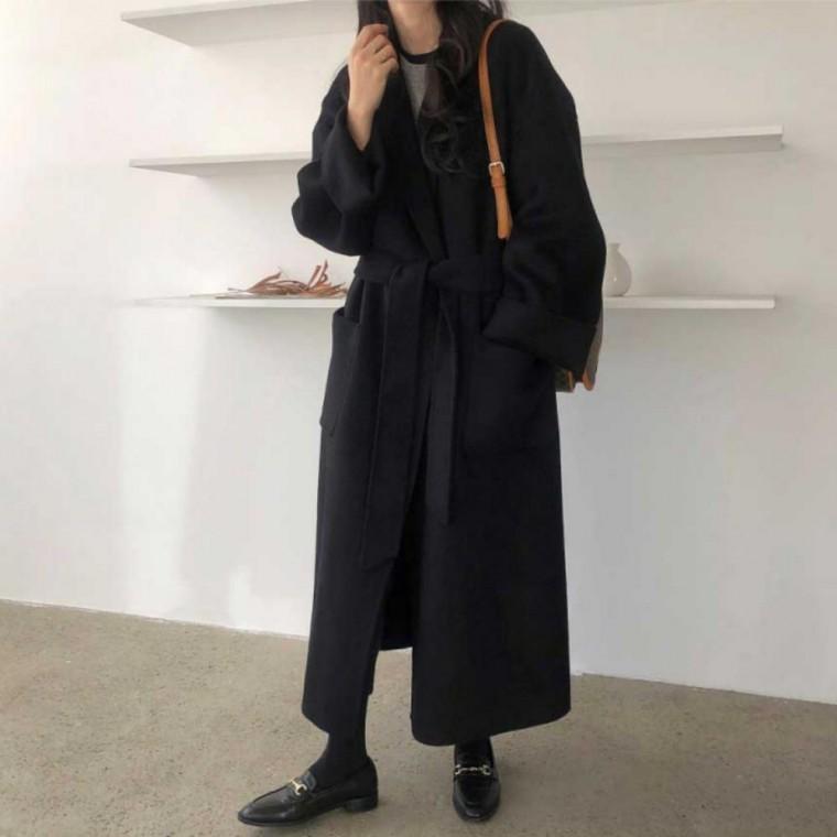 가을 겨울 오버핏 롱코트 여성 스트랩 카라 로브 코트
