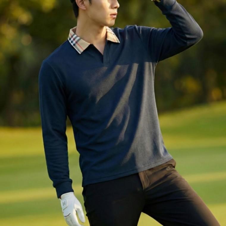 남성 겨울 골프 브이넥 스판 체크 카라 긴팔 티셔츠