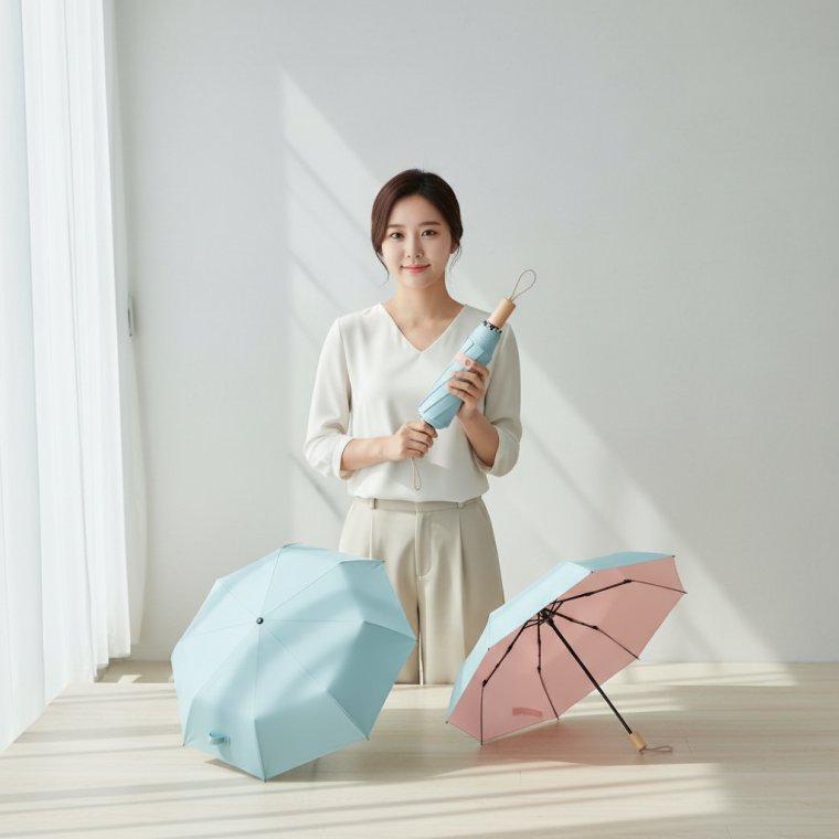 원목 손잡이 3단 접이식 자외선 차단 휴대용 미니 우산