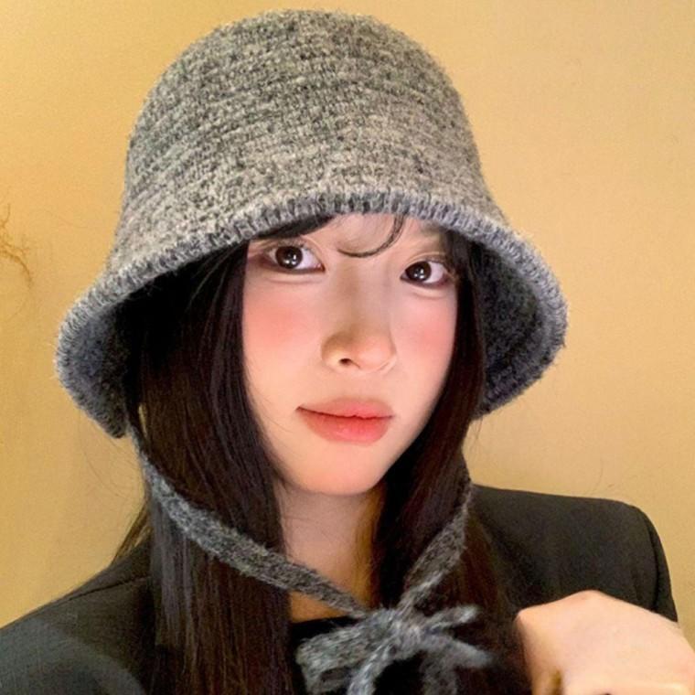 니트 모자 겨울모자 겨울 끈모자 니트비니 무지 끈 따뜻한 버킷햇 여성 방한모자 방한모자
