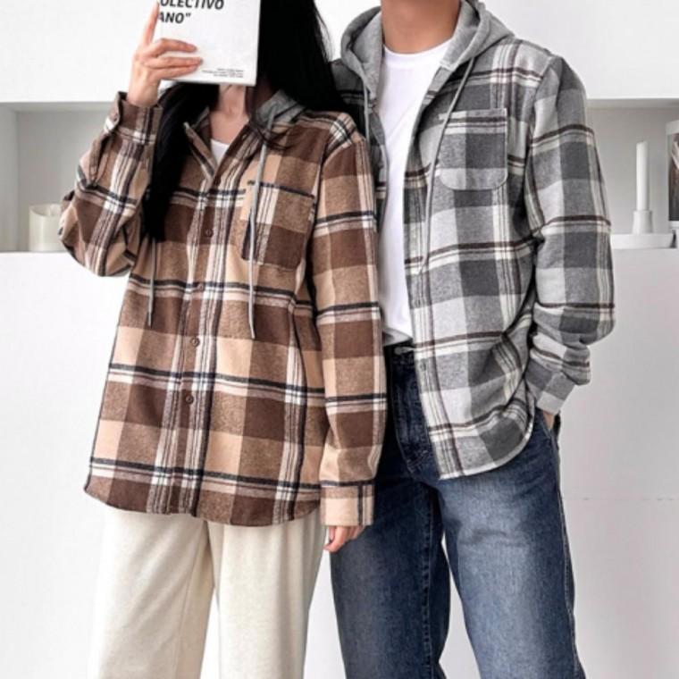 남녀공용 겨울 빈티지 오버핏 체크 기모 후드 남방 셔츠