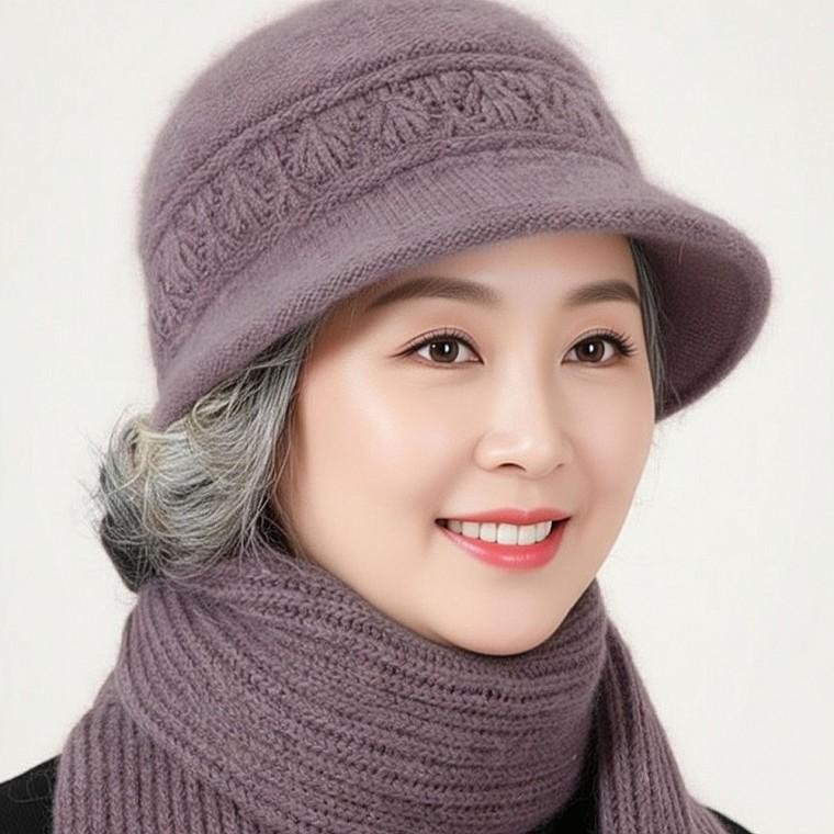 할머니 겨울 방한 외출용 꽃장식 모자 세트