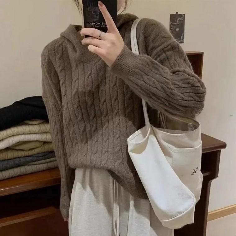 외출룩 루즈핏 여성니트후드 일상룩 가을 겨울 꽈배기