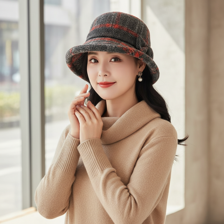 중년 여성 겨울용 보온 할머니 스타일 벙거지 버킷햇 모자