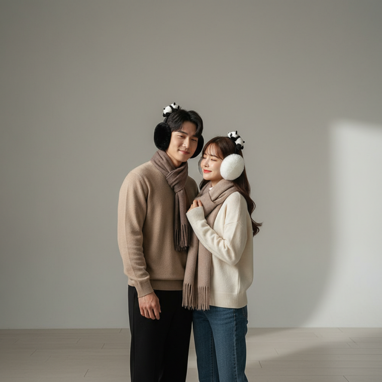 귀여운 판다 캐릭터 겨울 방한 귀도리 모자 커플용 털모자