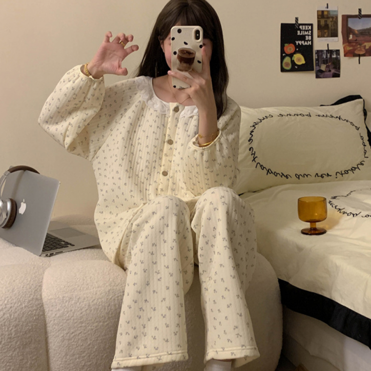 누빔체리잠옷 따뜻한 겨울 면 수면 누빔 잠옷 세트 파자마