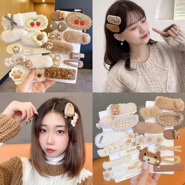 웜헤어핀세트 레이어드 9 10종 곰 집게 똑딱핀 겨울 자동핀 헤어핀 실핀 패션잡화 여성 시계 리본핀 쥬얼리
