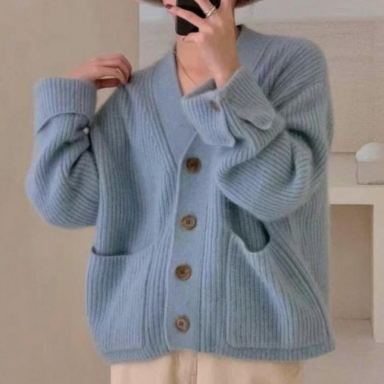 귀여운 포켓 단추 가디건 니트 주머니 여성 겨울