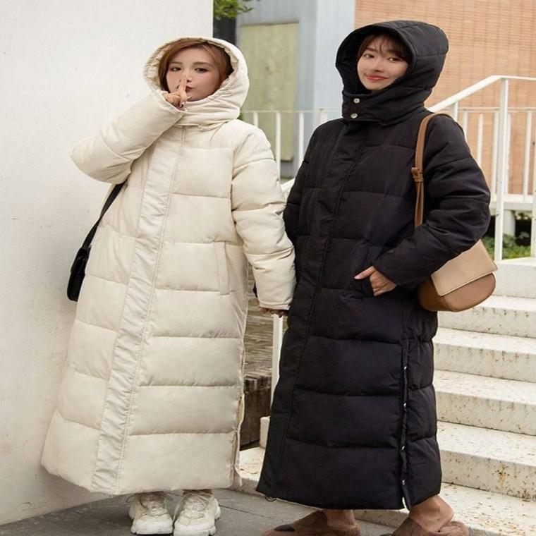 2컬러 롱패딩 겨울 점퍼 학생롱패딩 여성 단추 방한 사이드 데일리 후드
