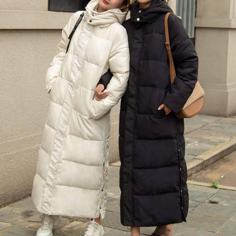 학생롱패딩 사이드 여성 후드 방한 오픈형 롱패딩 단추 데일리 겨울철