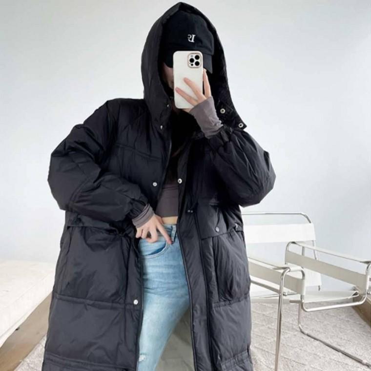 방한 나들이 주말 후드 검정 패딩 외출 겨울 여자 데일리 학생롱패딩 롱 룩