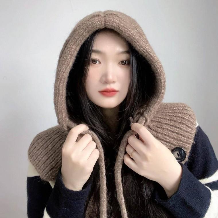 니트후드 브라운 겨울패션 넥워머 목도리 방한넥워머