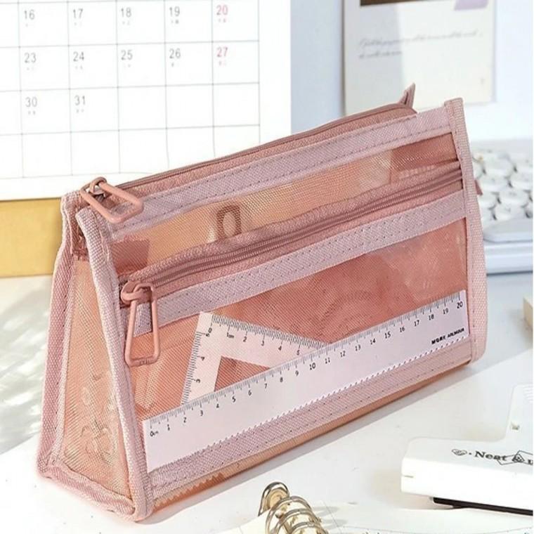 유니보르 메쉬 삼각 투포켓 필통 천 펜 파우치 투명 대학생 펜케이스 파우치필통 봉제필통 신학기준비물
