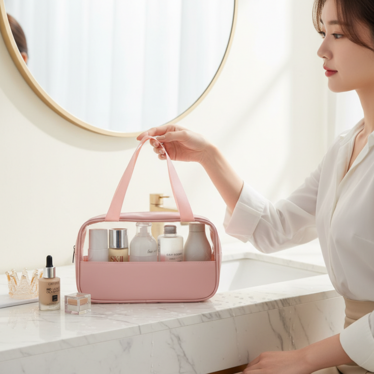 인조가죽 여행용 메이크업 파우치 중형 세면 워시백