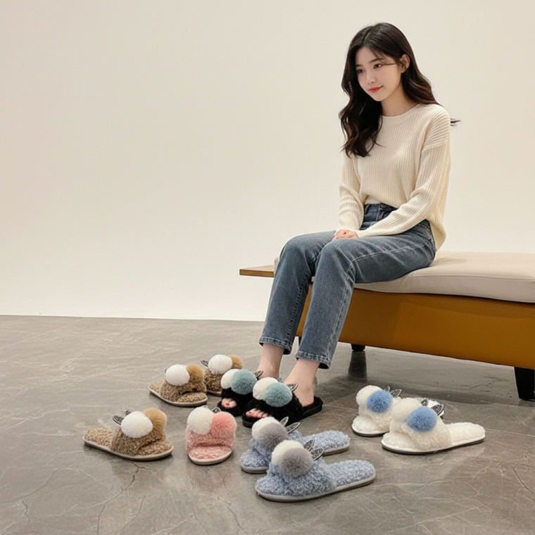 여성용 토끼 캐릭터 퍼 실내화 따뜻한 거실 슬리퍼 털실내화 사무실용